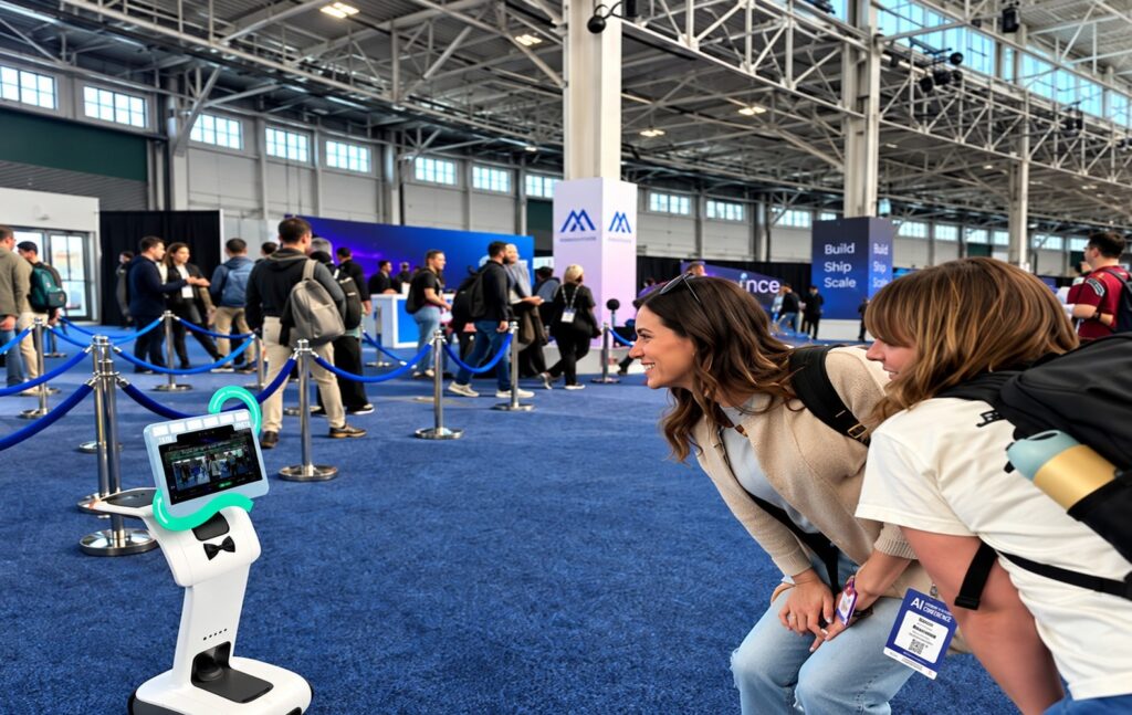 Asistentes jugando con el robot Esbot en una feria